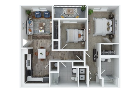 Floor plan for 2 beds, 2 baths, 955 sqft